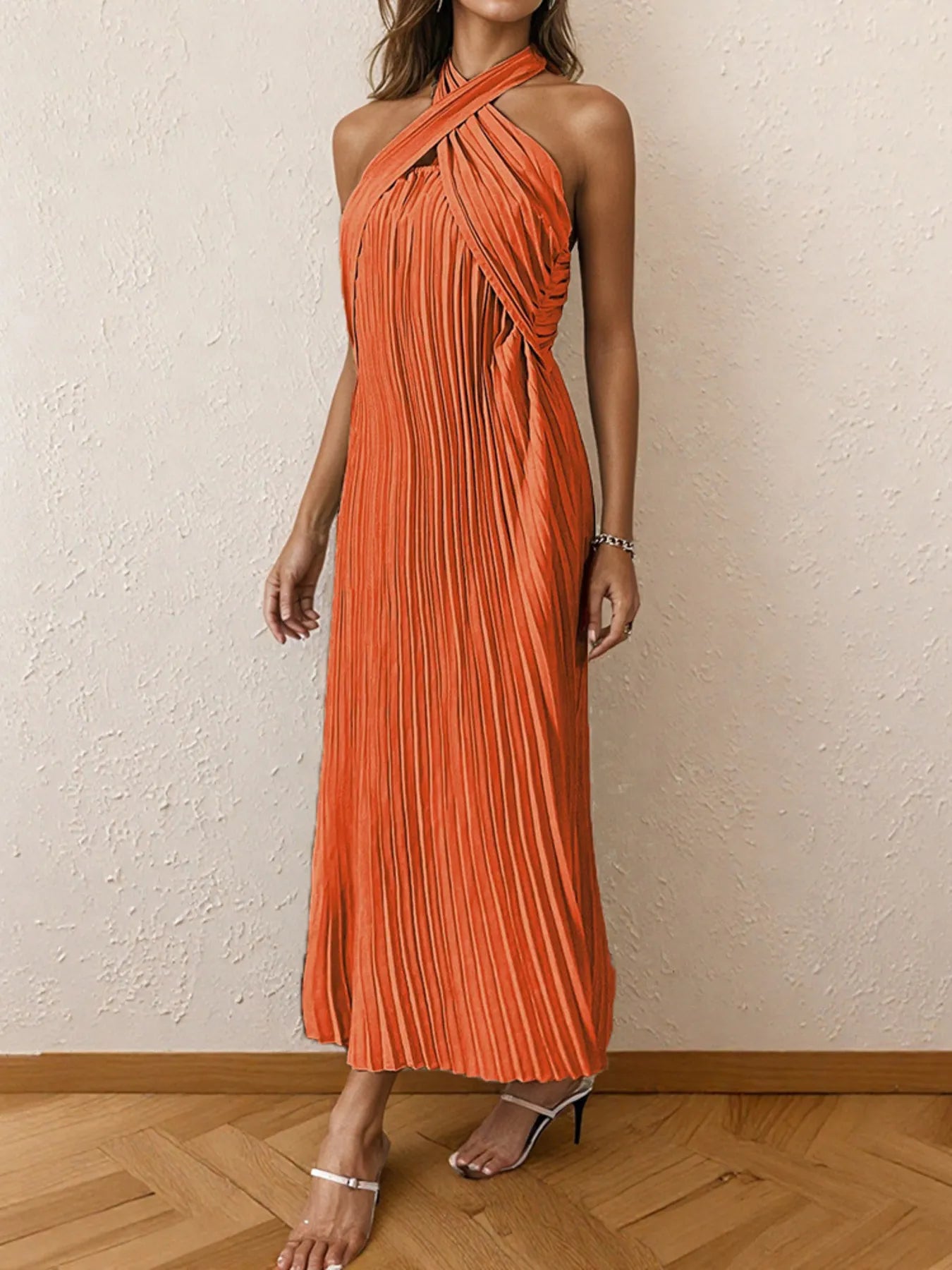 Nia Pleated Halter Neck Midi Dress