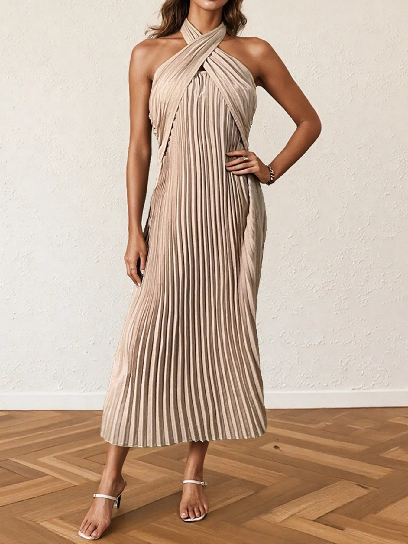 Nia Pleated Halter Neck Midi Dress