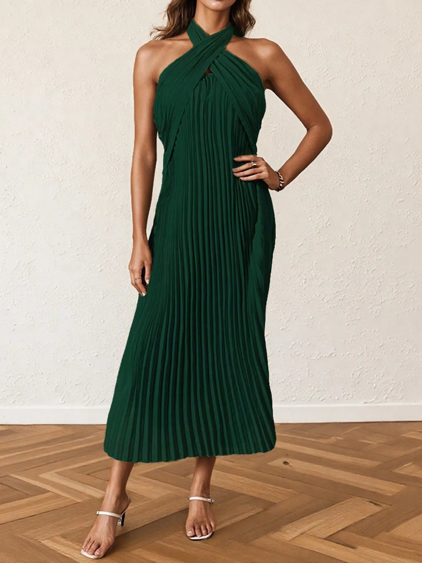 Nia Pleated Halter Neck Midi Dress