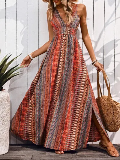 Smocked Printed Wide Strap Maxi Dress