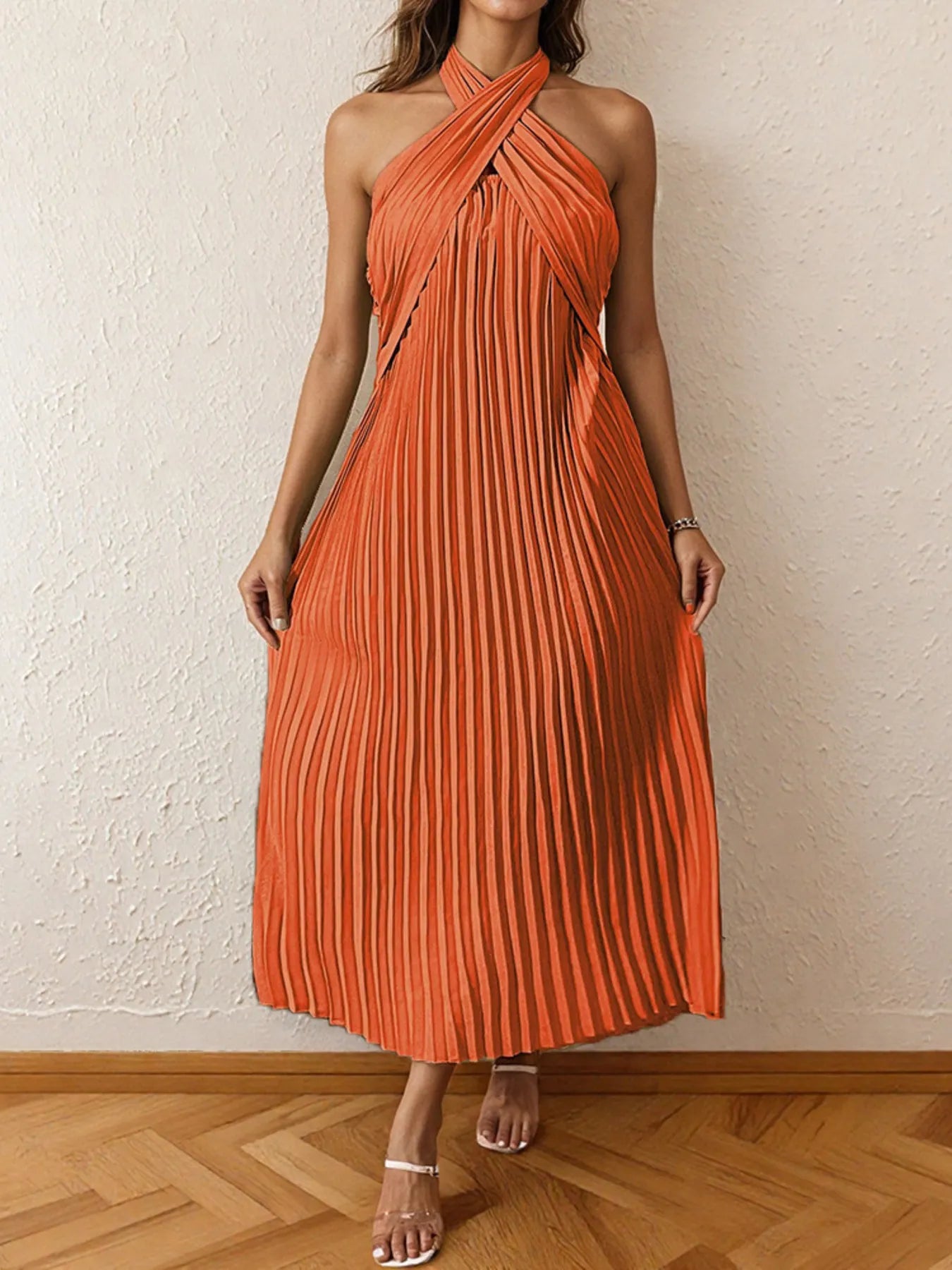 Nia Pleated Halter Neck Midi Dress