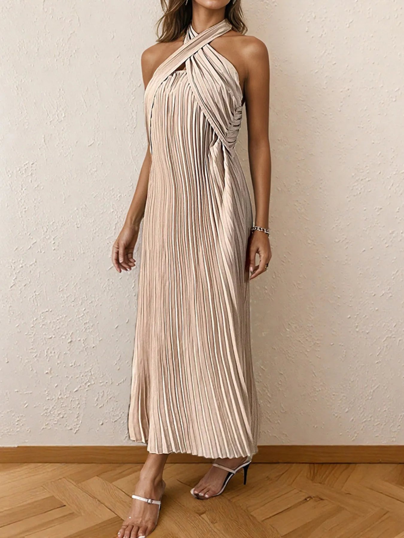 Nia Pleated Halter Neck Midi Dress