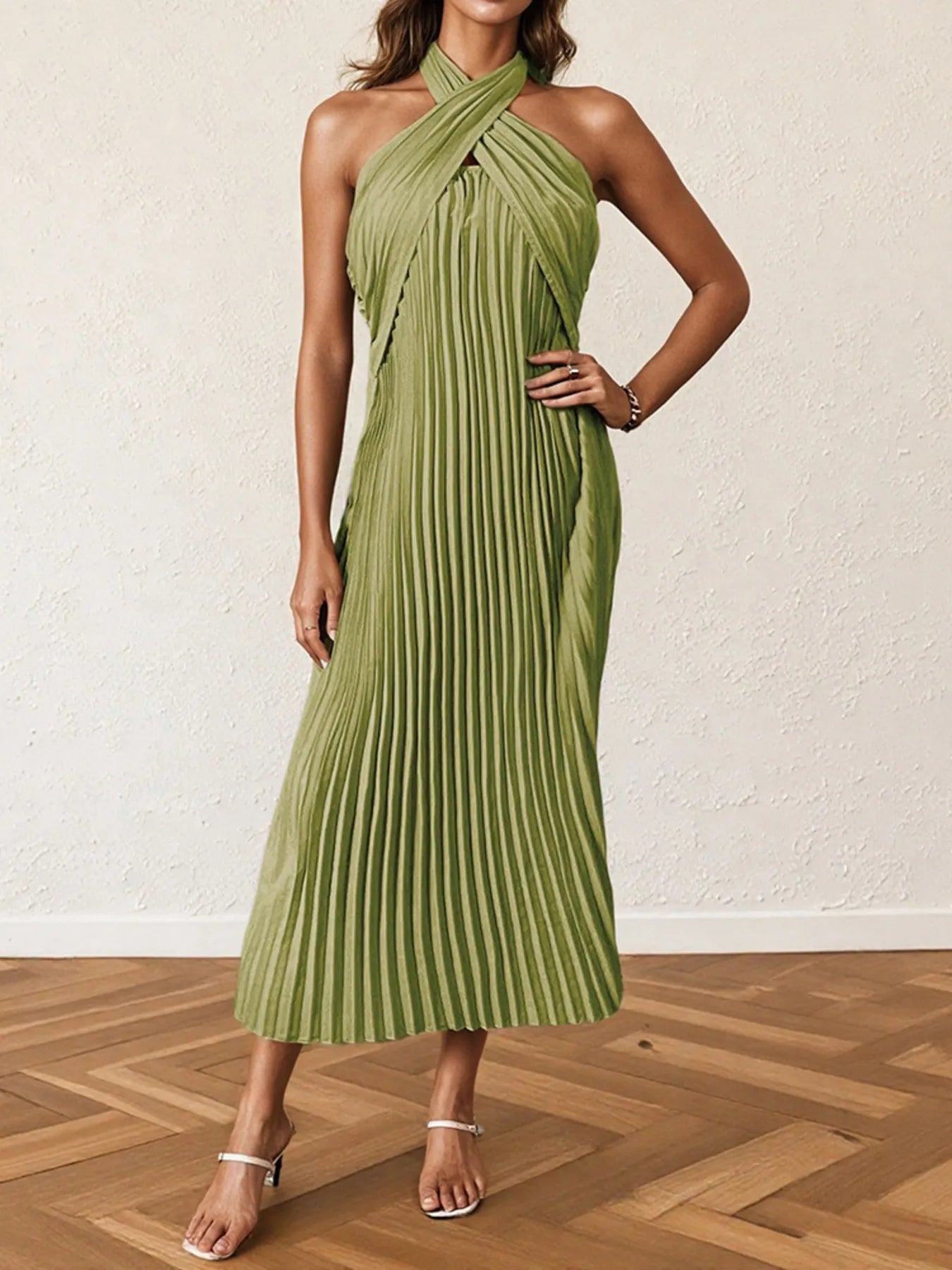 Nia Pleated Halter Neck Midi Dress