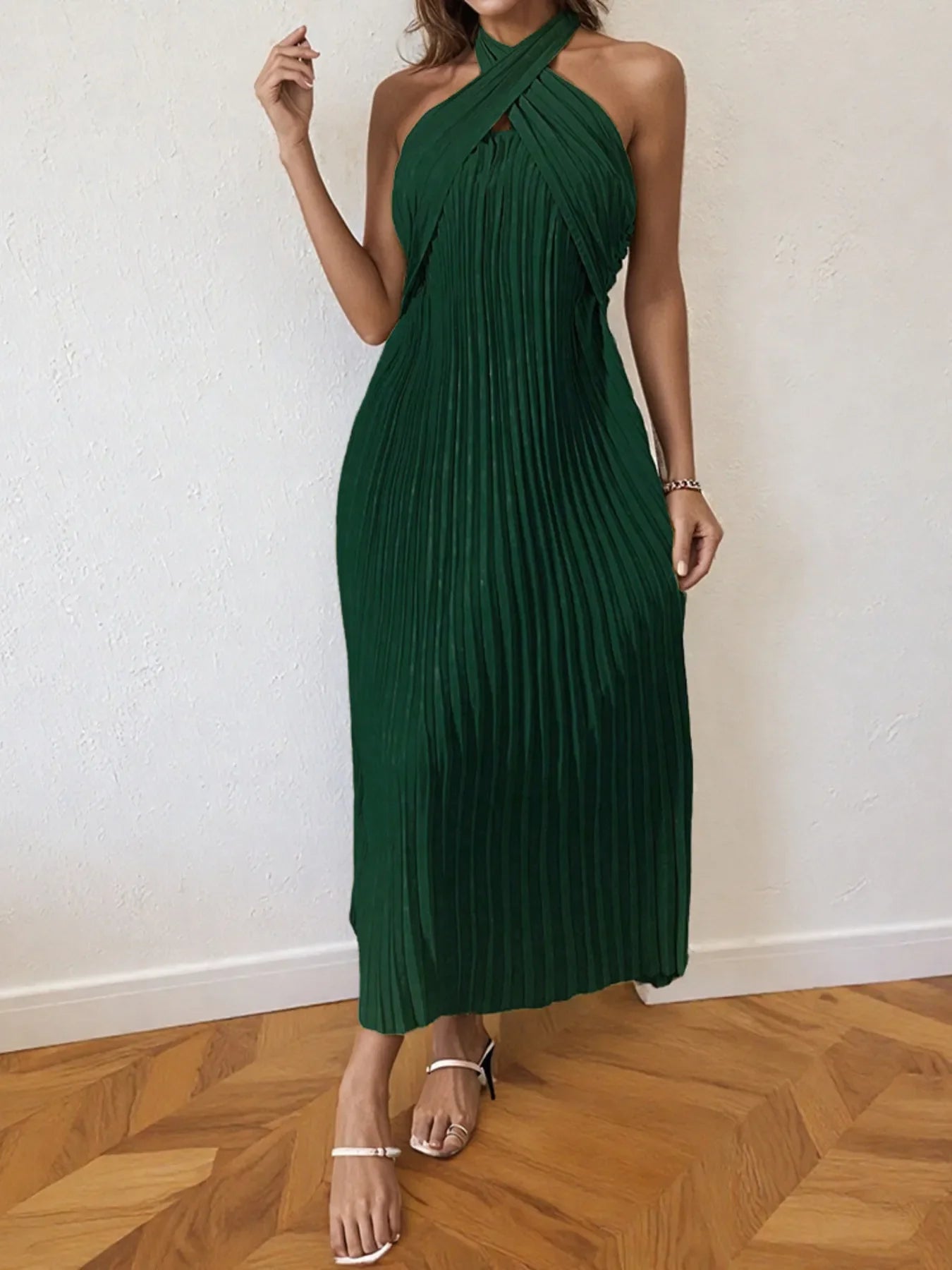 Nia Pleated Halter Neck Midi Dress
