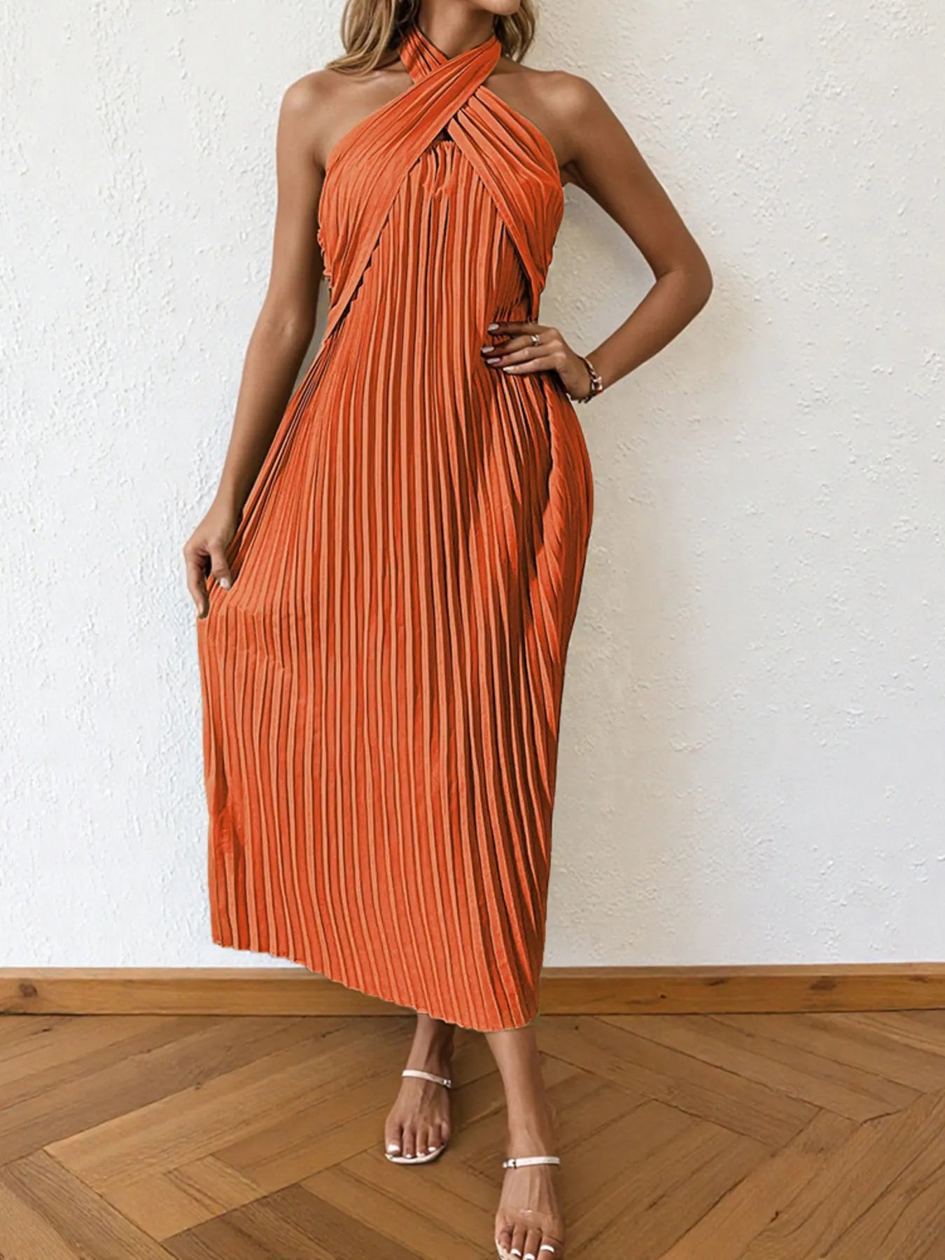 Nia Pleated Halter Neck Midi Dress