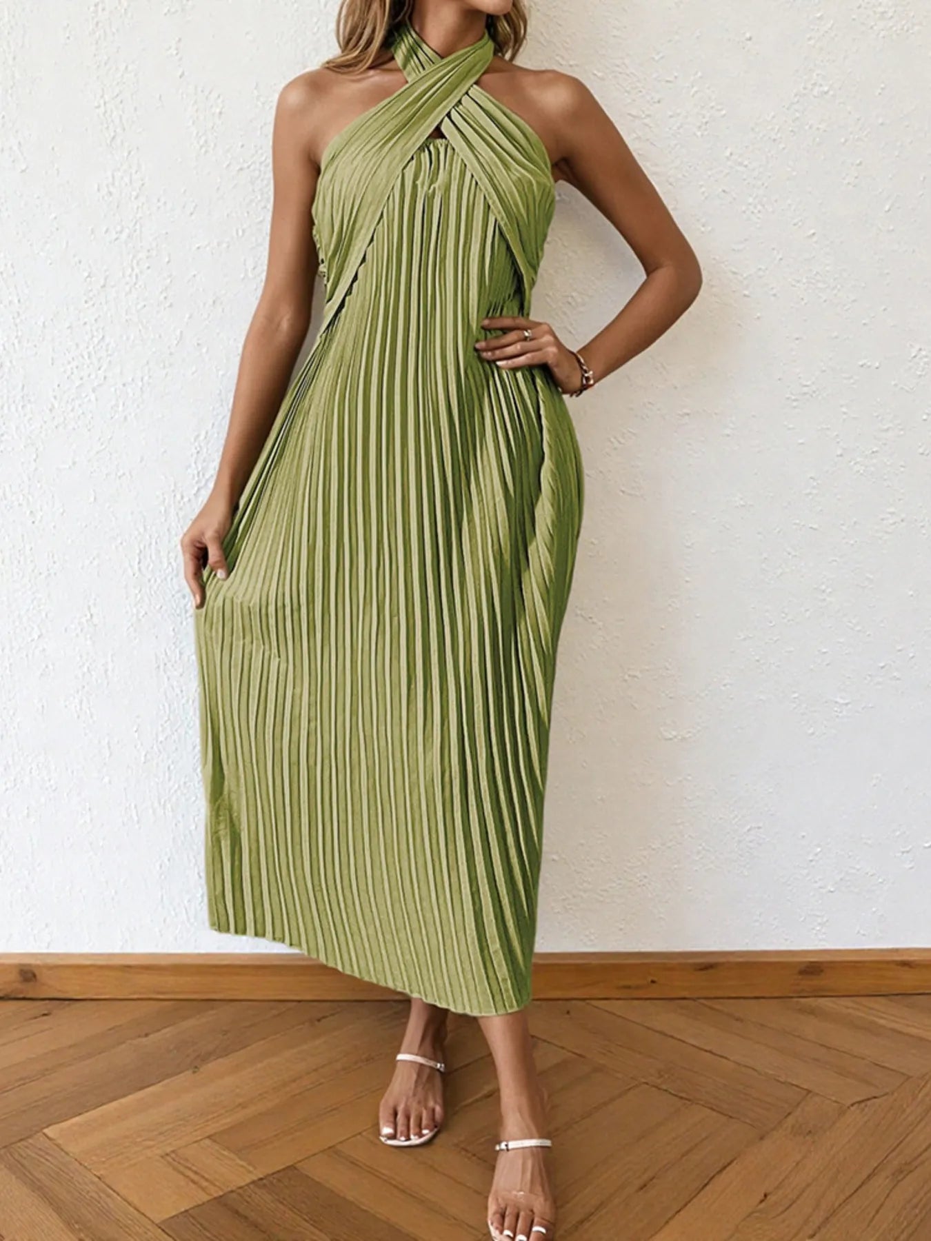 Nia Pleated Halter Neck Midi Dress