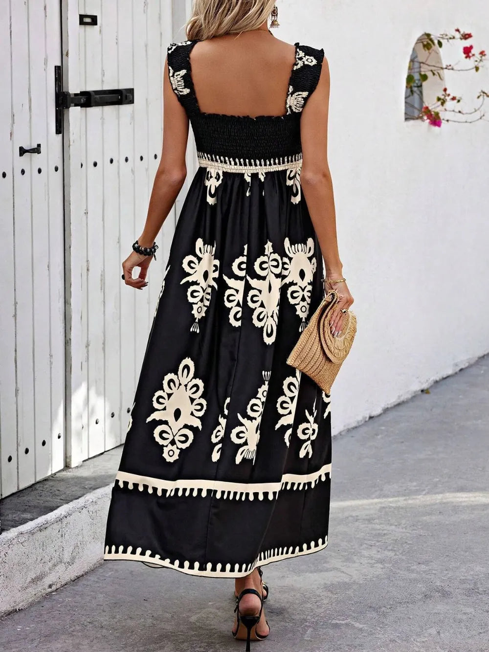 Smocked Printed Wide Strap Maxi Dress