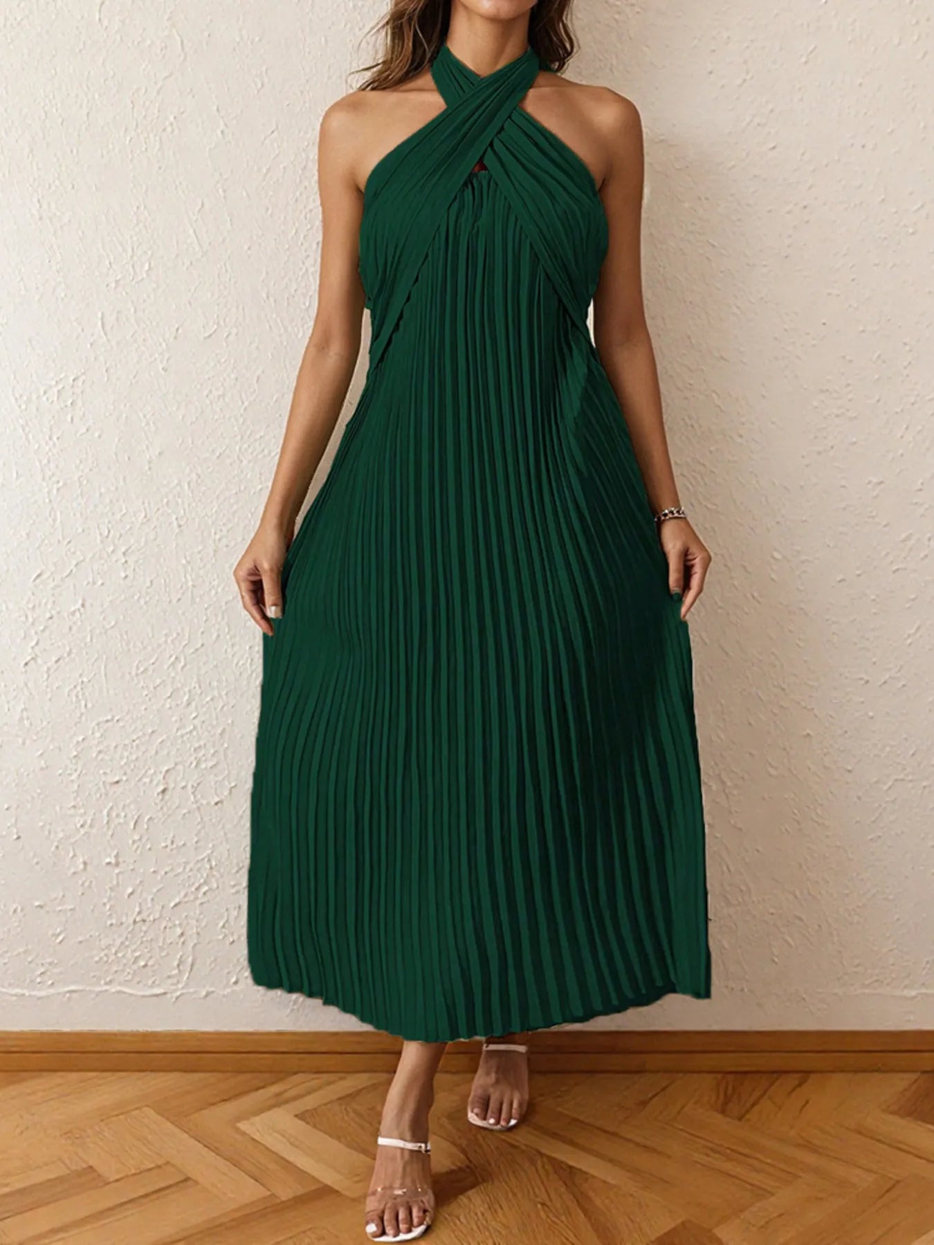 Nia Pleated Halter Neck Midi Dress