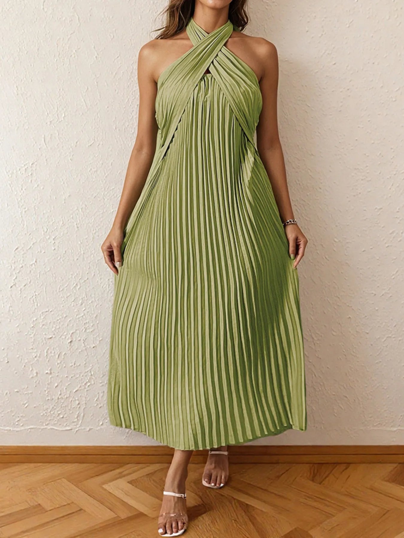 Nia Pleated Halter Neck Midi Dress