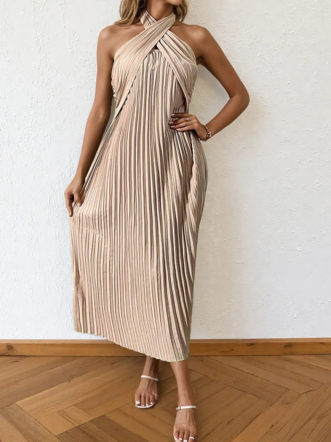 Nia Pleated Halter Neck Midi Dress