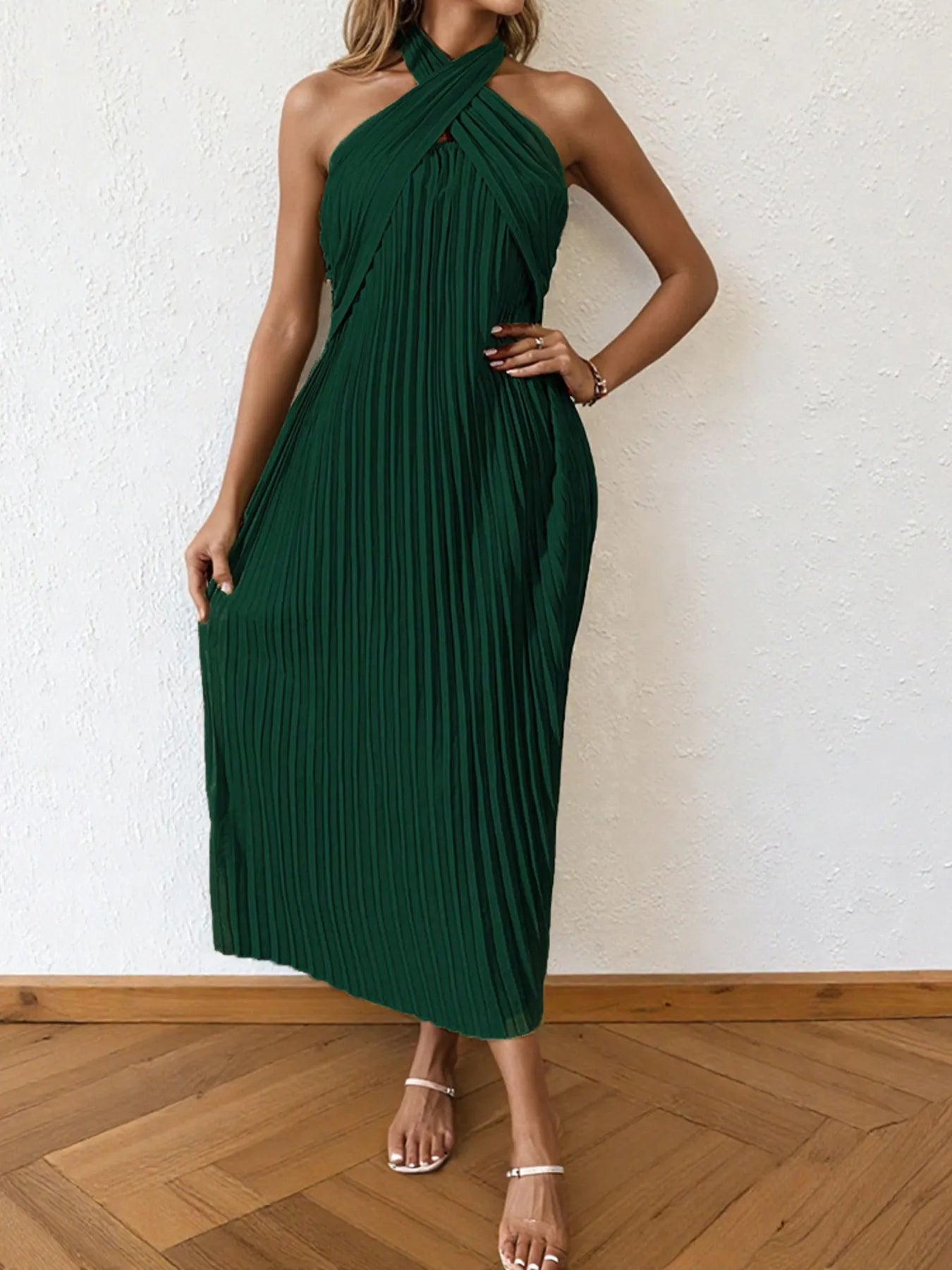 Nia Pleated Halter Neck Midi Dress