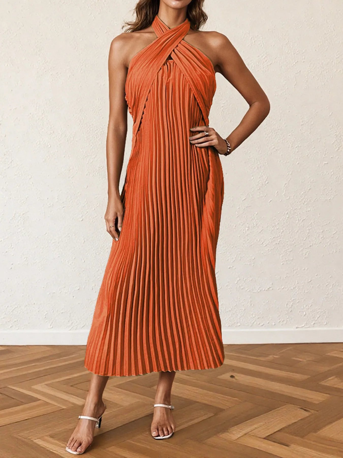 Nia Pleated Halter Neck Midi Dress