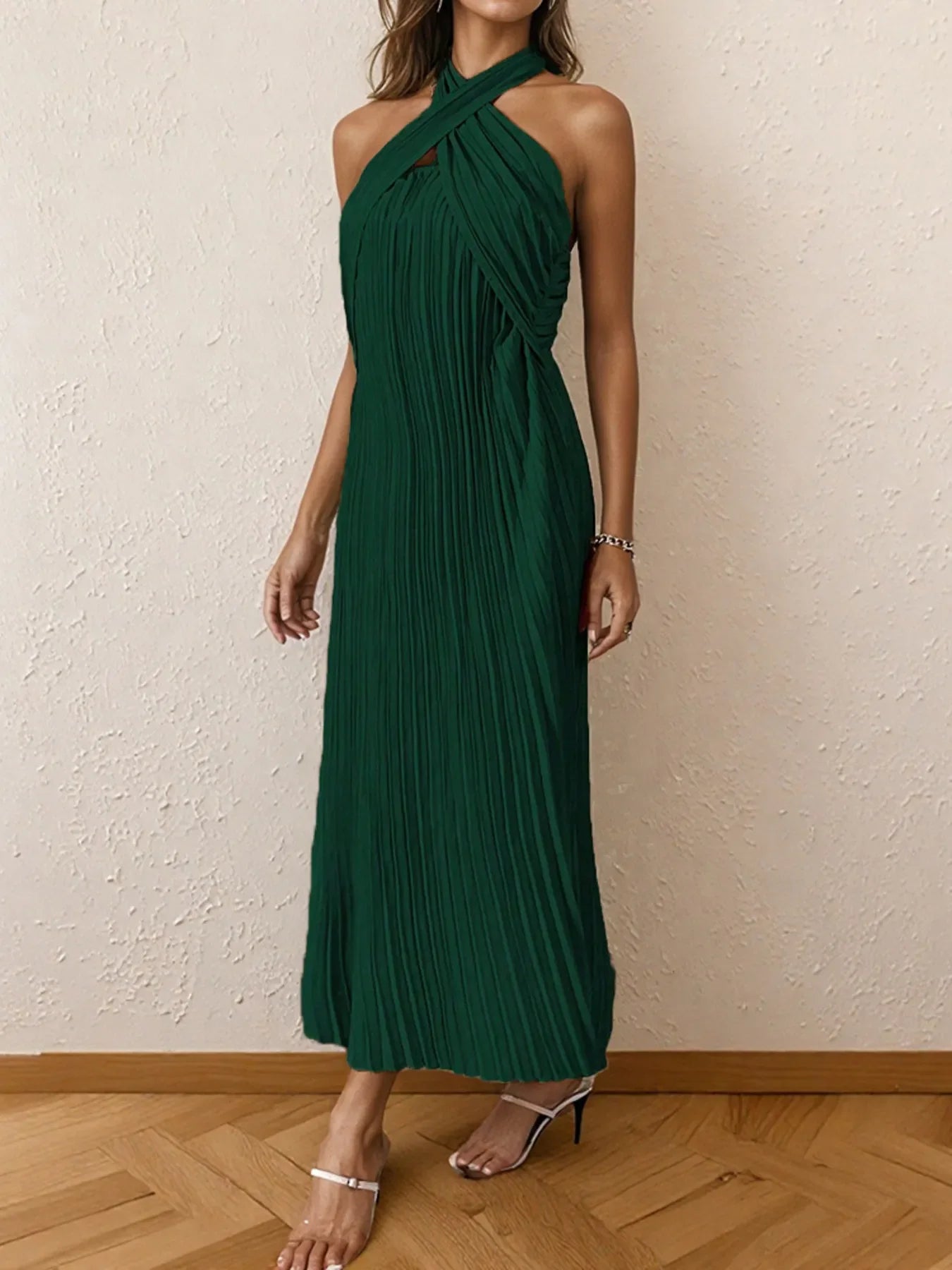 Nia Pleated Halter Neck Midi Dress