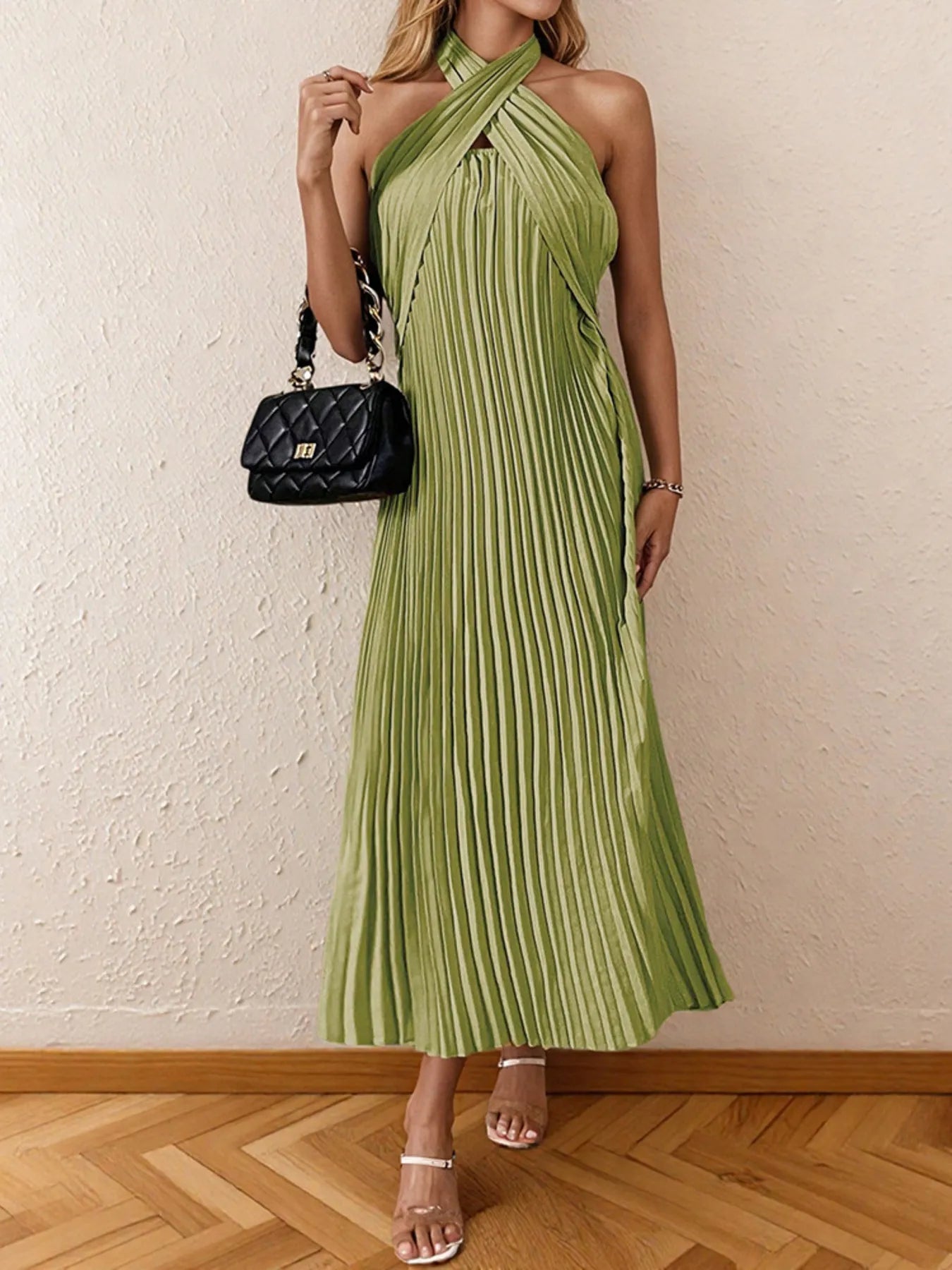 Nia Pleated Halter Neck Midi Dress