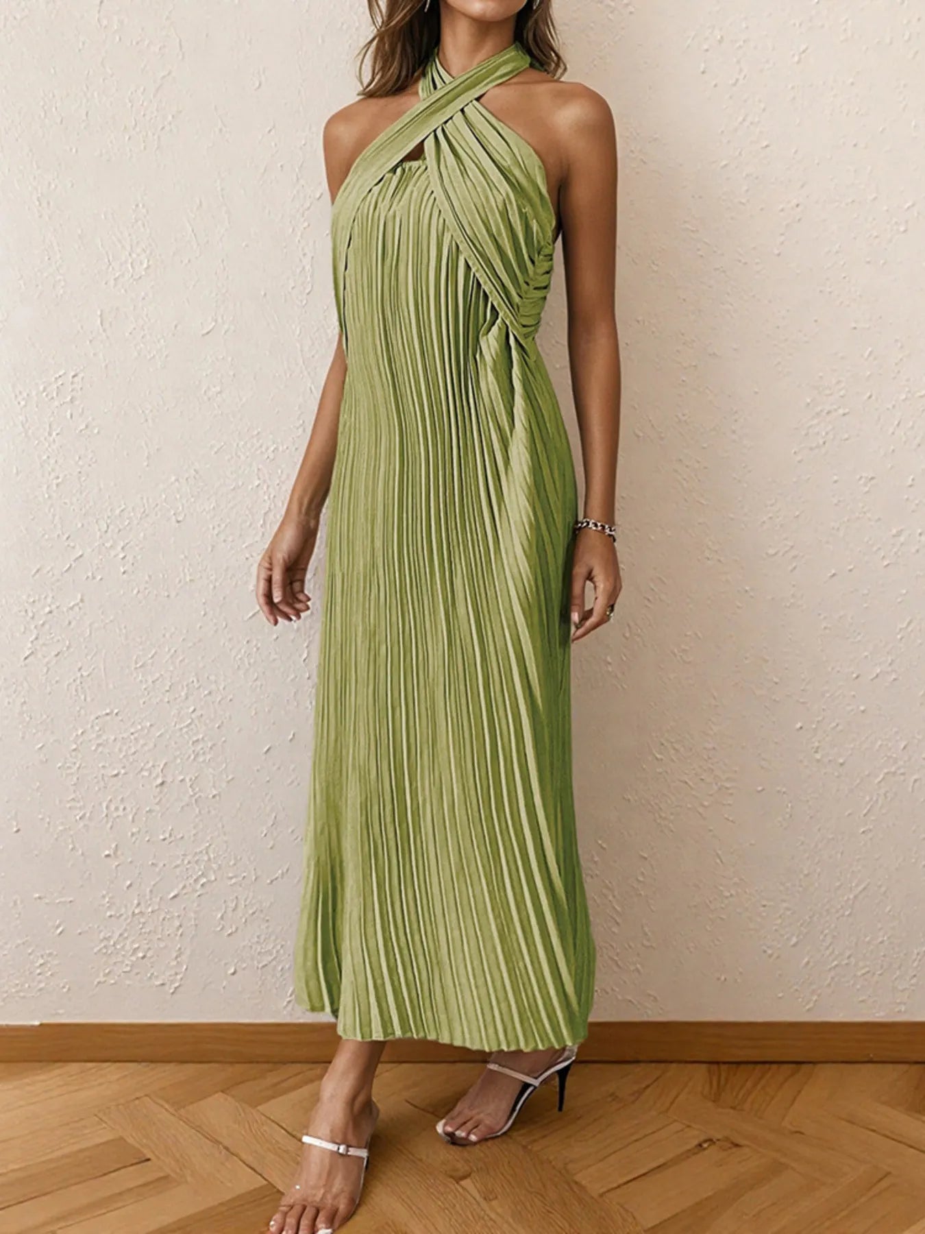 Nia Pleated Halter Neck Midi Dress