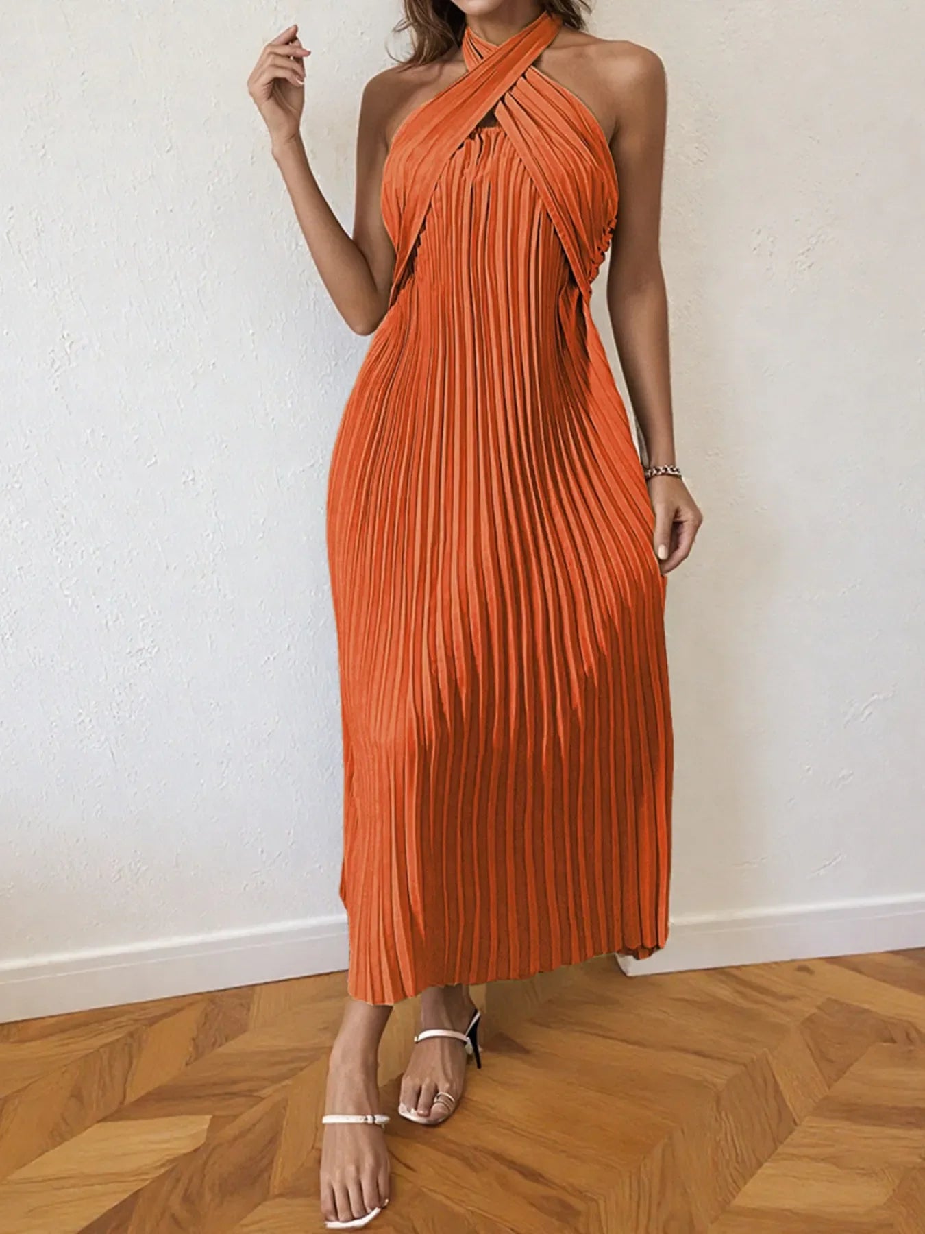 Nia Pleated Halter Neck Midi Dress