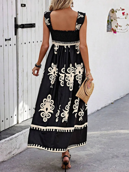 Smocked Printed Wide Strap Maxi Dress